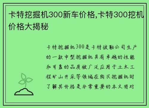 卡特挖掘机300新车价格,卡特300挖机价格大揭秘